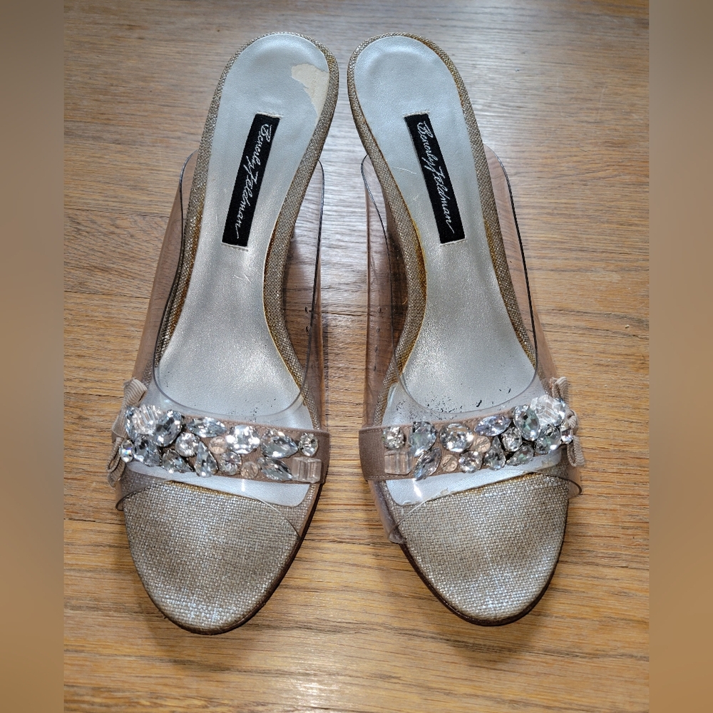 Beverly Feldman Taupe and Gold Embellished Heels, Size 9m